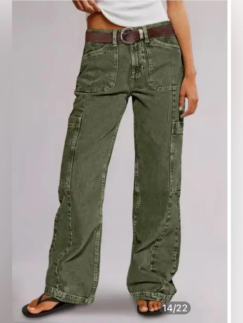 Flamingals Army Green Mid Rise Straight Leg Cargo Jeans